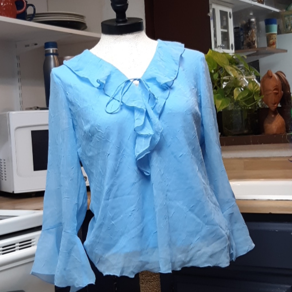 Womens blue blouse Sz Sm Med  butterfly wing long sleeves B3 lined interior